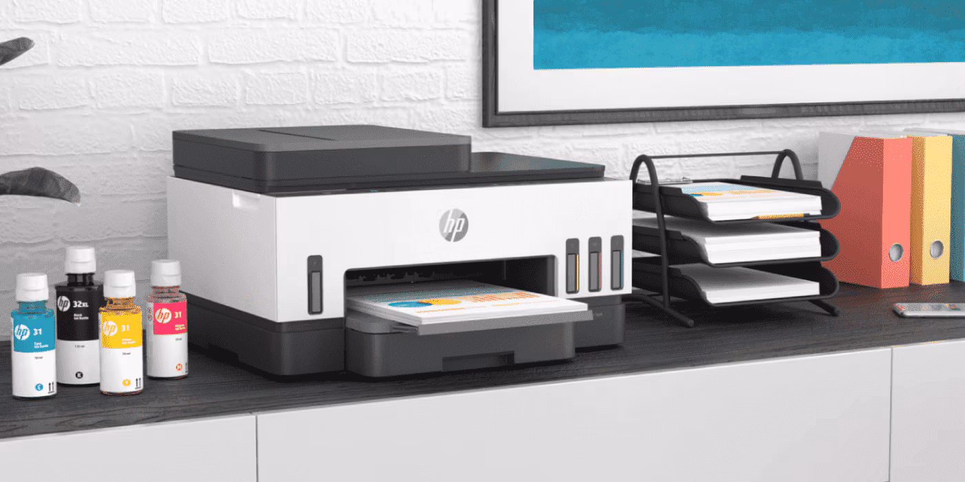 HP Smart Tank printer and ink bottles